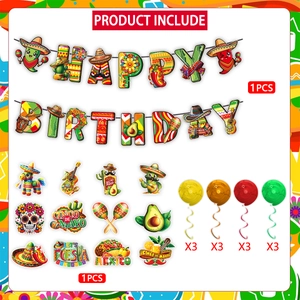 Mexican Fiesta Happy Birthday banner set with taco cactus hanging swirls decorations