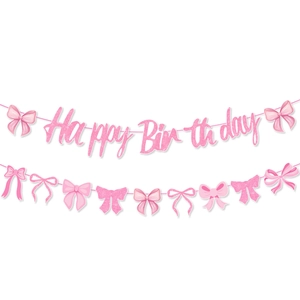 Pink glitter Happy Birthday banner with bows for party wall decoration
