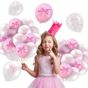Pink and white bow print latex balloons set with child model for birthday party decor