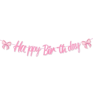 Pink glitter Happy Birthday banner with elegant bows for party wall decoration