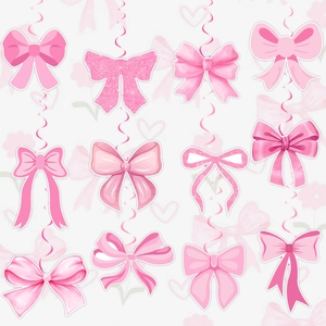 Pink bow party hanging swirls decorations set with glitter and satin finish styles