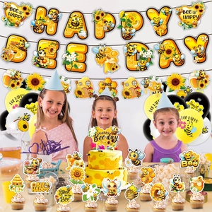 Bee themed birthday party decoration set with Happy Bee Day banner and balloons
