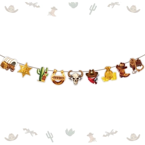 Western cowboy party banner with sheriff stars, cactus, and vintage horseshoe pendants