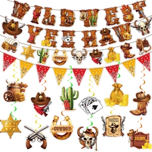 Western Cowboy Birthday Party Decoration Wild West Banner Yee Haw Garland Sheriff Cactus Cowboy Hat Hanging Swirls Set