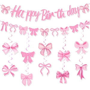 Pink Bowknot Birthday Party Decoration Happy Birthday Banner Hanging Spiral Ornament Bow Garland For Girls Birthday Party Supplies