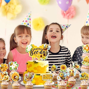 Cute bee-themed birthday party cake topper set featuring Happy Bee Day signs and sunflowers
