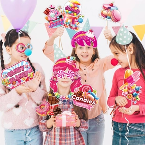 Kids candy party photo booth props set including donuts and lollipops cardboard cutouts