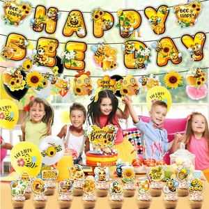 Complete Bee Day party decoration set with Happy Bee Day banner and bee balloons