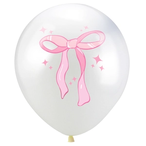 Close-up of a white party balloon with a pink bow and star patterns for birthday decor