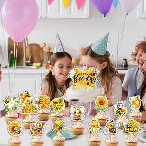 Bee themed cake topper set with Happy Bee-day banner for kids birthday party decoration