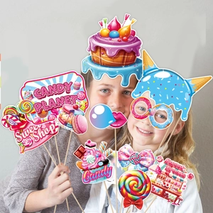 Colorful candy and ice cream party photo booth props set for kids birthday celebration