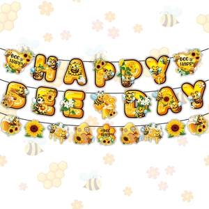 Three-tier Happy Bee Day party banner with sunflowers and honey pot paper decorations