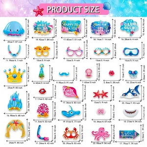 Guide des tailles pour 25 accessoires de fête océan incluant méduses et formes de requin