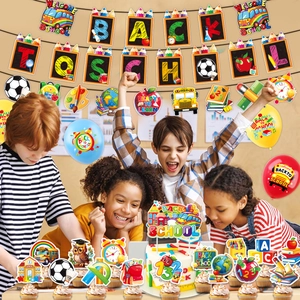 Detailed welcome back to school party set with vibrant balloons banners and cake toppers