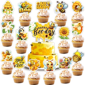 Bee Theme Birthday Party Cake Toppers Set Cartoon Honeybee Sunflower Honey Jar Paper Cake Decoration For Kids Party Decor