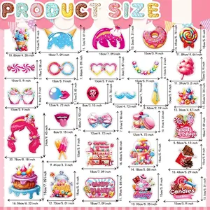 Size chart for 25pcs candy party photo props including ice cream and glasses