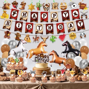 Décoration de fête d'anniversaire Cowboy avec bannière, ballons et cake toppers