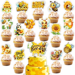 Bee theme party cake toppers set featuring honeybees and sunflowers for birthdays