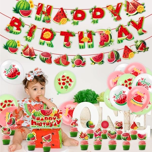 Watermelon birthday party decor set with Happy Birthday banner and fruit themed balloons