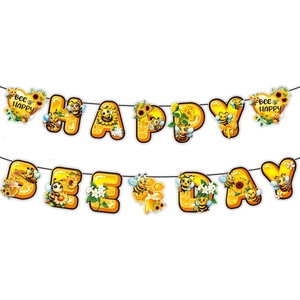 Detail of Happy Bee Day party banner with cartoon bees, sunflowers and honey patterns