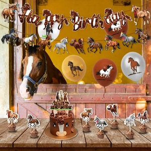 Detail of horse-themed party kit with silhouette banners, balloons and cupcake toppers