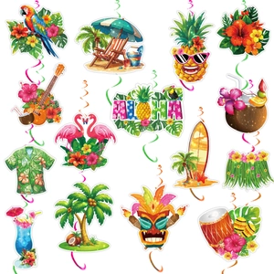 Hawaiian party hanging swirl decorations with tropical aloha elements and parrot cutouts