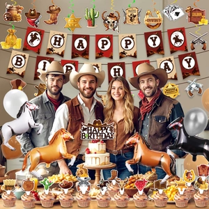 Décoration de fête cowboy avec bannière Happy Birthday et ballons en forme de cheval