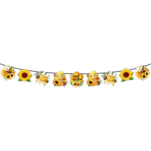 Detailed view of Bee Happy party banner with cartoon bees, sunflowers and honey jars
