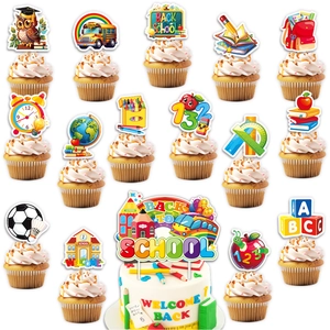 Set of 16 Back to School cake toppers featuring school bus, globe, and school supplies