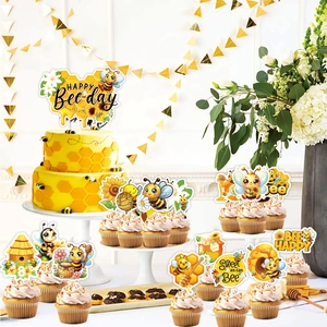 Happy Bee-day theme cake topper set with cartoon bees and sunflowers for birthday party decoration