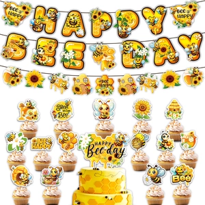 Bee Theme Birthday Party Decoration Happy Bee Day Banner Sunflower Honey Pot Cake Topper Kids Party Layout Supplies