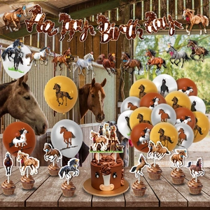 Horse theme birthday party decoration set with realistic banners, balloons and cake toppers