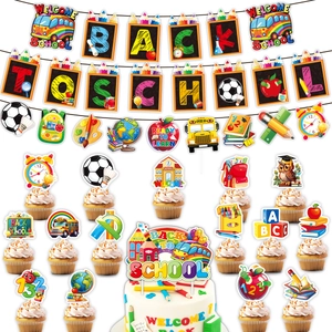 Complete Welcome Back to School party decoration set with banners and cake toppers