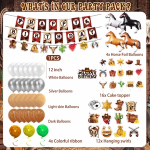 Liste détaillée du kit de fête d'anniversaire cowboy avec ballons et bannières