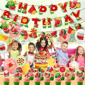 Watermelon birthday party set with banner, balloons, and cake toppers for kids' summer decor