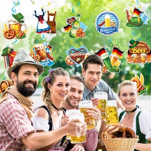 Oktoberfest hanging spiral decorations set with beer and pretzel themed party charms