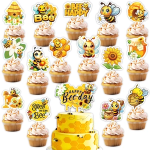 Cute bee theme birthday party cupcake toppers with sunflower and beehive designs