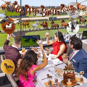 Horse racing birthday party set with banner, balloons and themed cupcake toppers