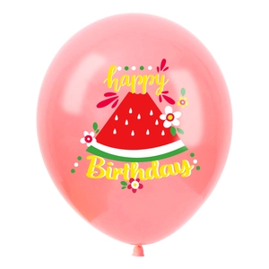 Pink latex balloon detail with Happy Birthday text and watermelon slice illustrations