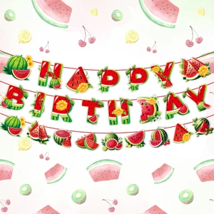 Watermelon themed Happy Birthday banner with fruit textures for summer party decor