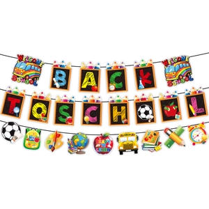 Detailed view of Back to School party banner with school bus and globe icons