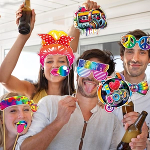 80s retro party photo booth props set with vintage glasses and neon party accessories