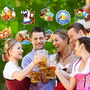 Oktoberfest party hanging spiral swirl decorations with beer and pretzel themed cards