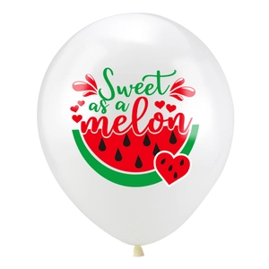 Detail of latex balloon featuring a 'Sweet as a melon' print and watermelon graphics