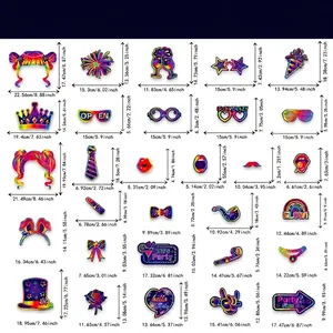 Size chart for 30pcs neon glow birthday party photo booth props with precise dimensions