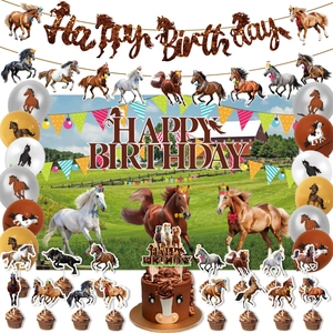 Horse Theme Birthday Party Decoration Set Paper Banner Horse Racing Cake Toppers Latex Balloons For Cowboy Party Supplies