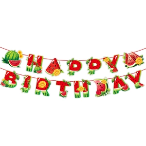 Close-up of watermelon themed Happy Birthday banner with fruit textures and floral elements