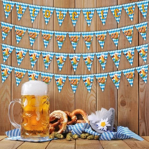 Blue and white checkered Oktoberfest banner with pretzels and beer mug illustrations