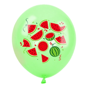 Detail of light green latex balloon featuring vibrant red watermelon print for summer parties