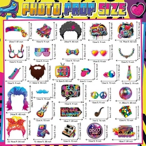 Size chart for 25 pieces of 80s retro party photo booth props with cm and inch dimensions